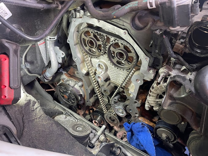 An inside view of a car's engine bay